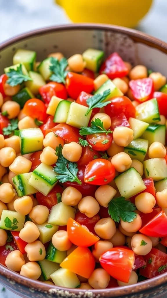 A colorful chickpea salad with cucumbers, tomatoes, and bell peppers, drizzled with lemon dressing in a rustic bowl.